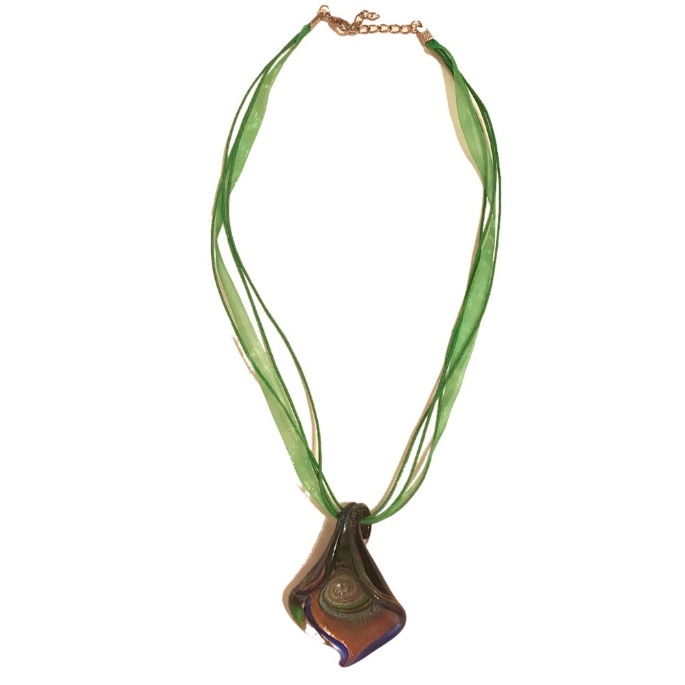 Blown Glass Pendant with Green Ribbon Necklace